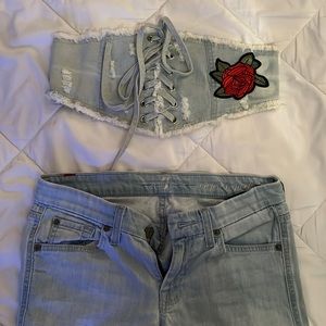 Denim bra top w/ red flower detail